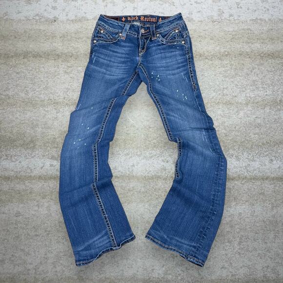 Vintage Rock Revival Jeans Flared Fit Bootcut Bell Bottoms Medium Wash Denim Y2K - Picture 2 of 4